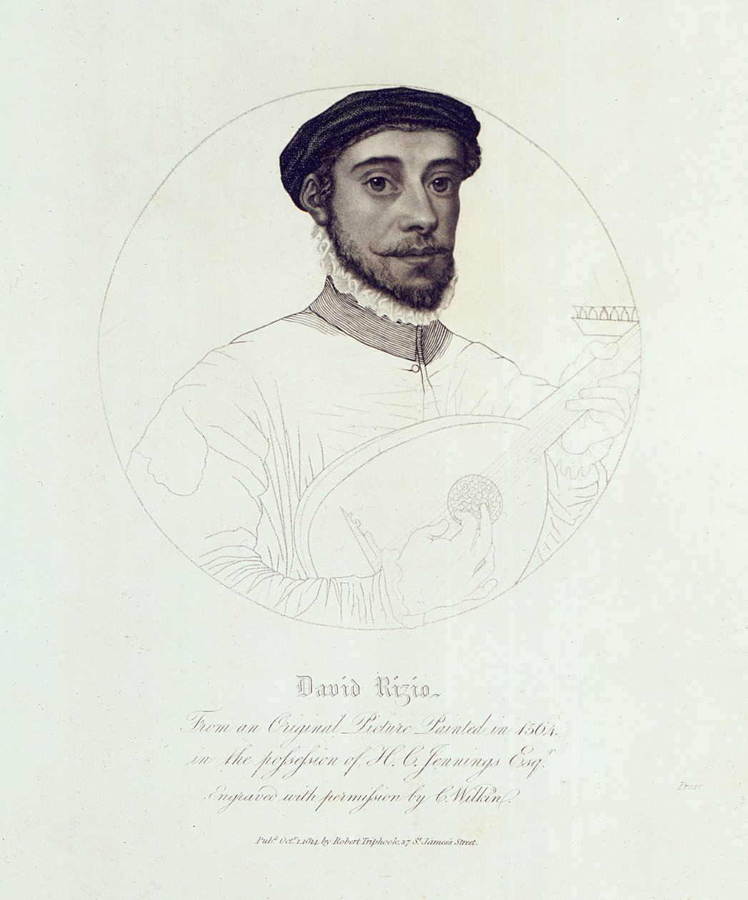 Portræt af David Rizio, fra en original malet i 1564, indgraveret af C. Wilkin, pub. London, 1814 af English School