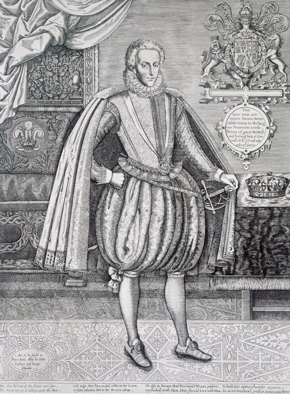 Portræt af Henry, Prince of Wales (1594-1612) fra Kongernes Bog, indgraveret af Renold Elstrack (1571-c.1630) 1612 af English School