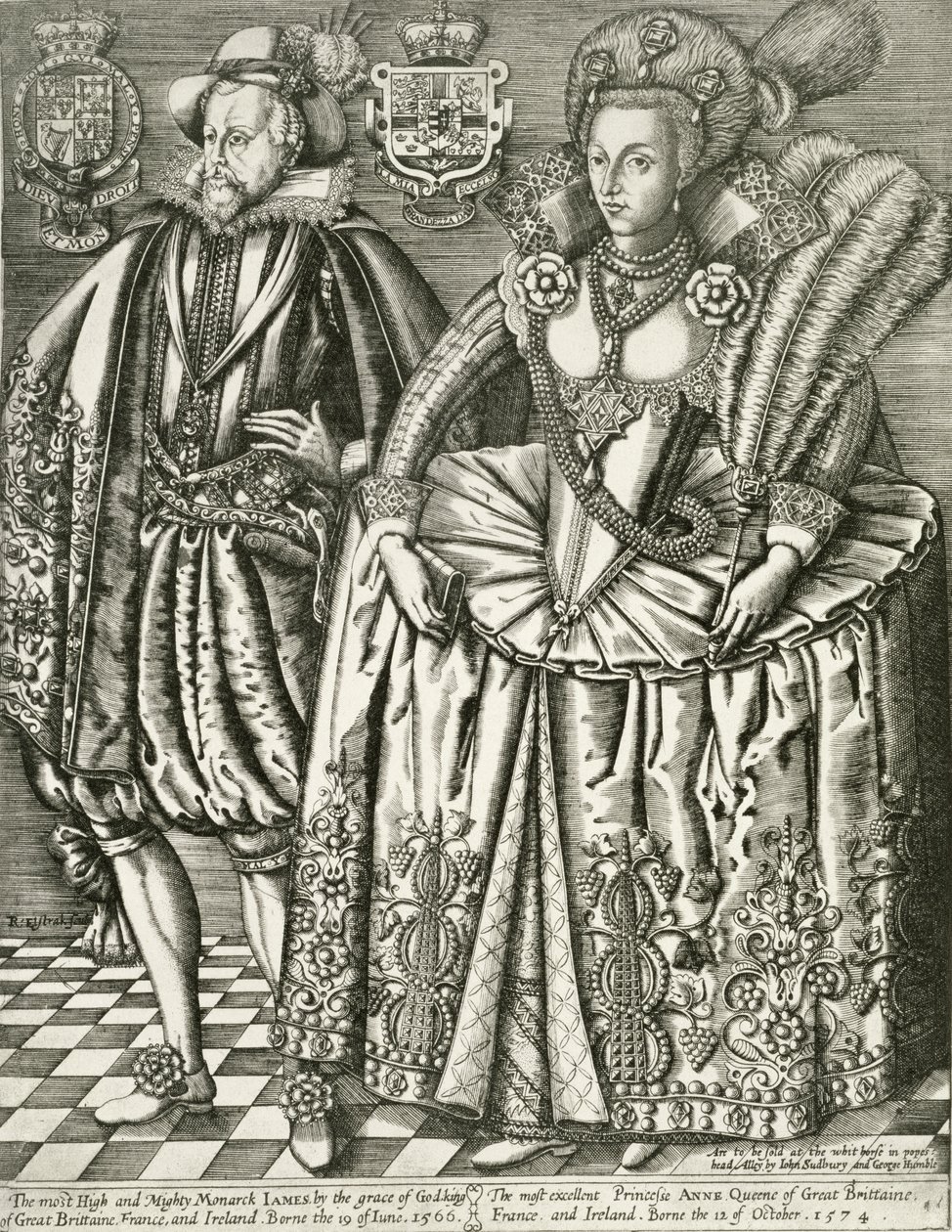 Portræt af James I (1566-1625) og Anne af Danmark (1574-1619) titelblad fra Kongernes Bog, indgraveret af Renold Elstrack (1571-c.1630) 1618 af English School
