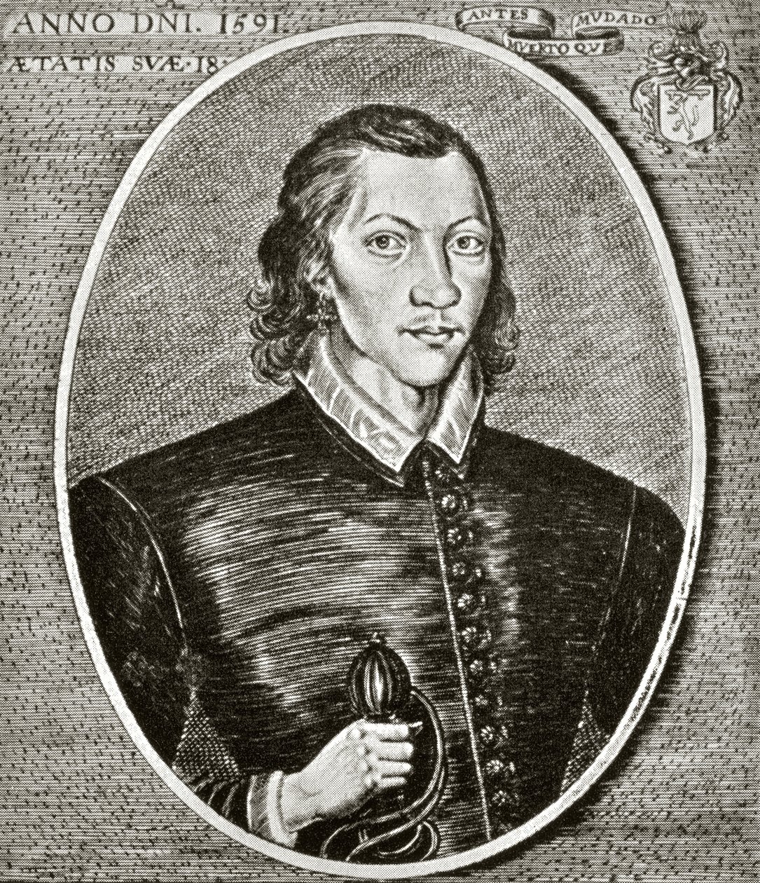 Portræt af John Donne, dateret 1591, frontispice til "The Poems of John Donne", udgivet i 1942 (detalje af 330011); af English School