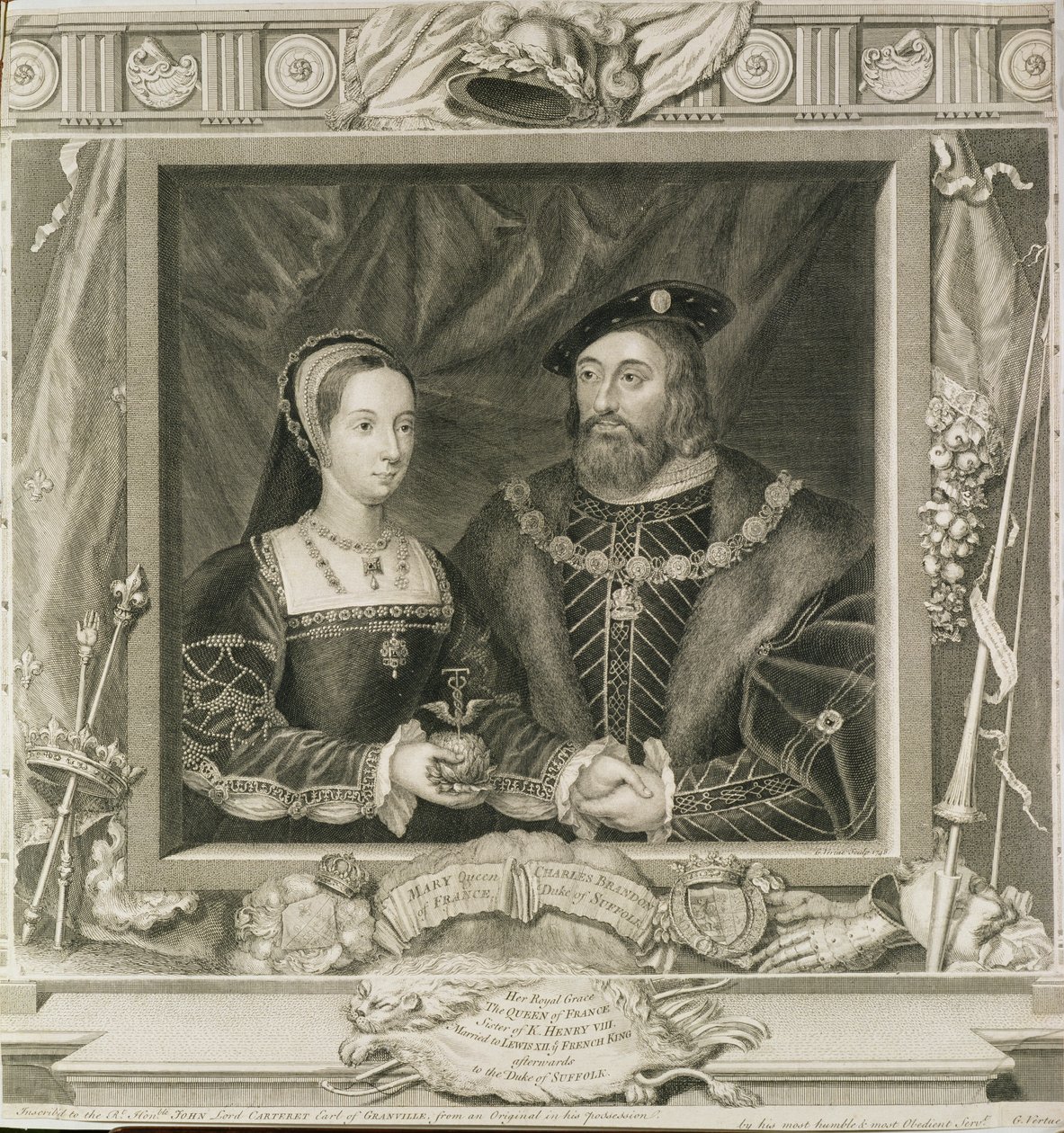 Portræt af Mary (1496-1533) Dronning af Frankrig og Charles Brandon (d.1545) hertug af Suffolk, indgraveret af George Vertue (1684-1756) 1748 (se også 136496) af English School