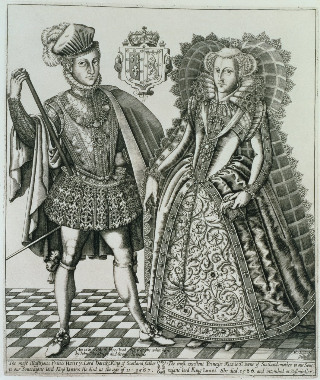 Portræt af Mary, Queen of Scots (1542-87) og Henry Stewart, Lord Darnley (1545-67) fra Kongernes Bog, indgraveret af Renold Elstrack (1571-c.1630) 1618 af English School
