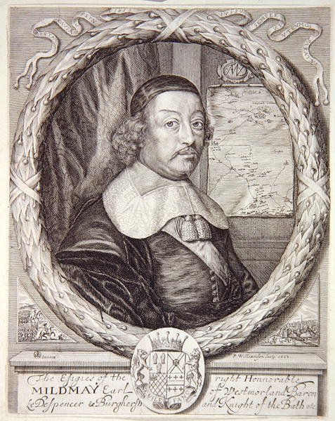 Portræt af Mildmay Fane, fra Atlas of the Counties of England and Wales af Christopher Saxton, indgraveret af P. Williamson, 1662 af English School