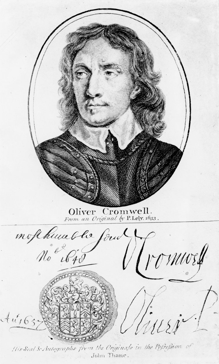 Portræt af Oliver Cromwell (1599-1658) fra en original af Peter Lely fra 1653, og hans segl og autografer af English School