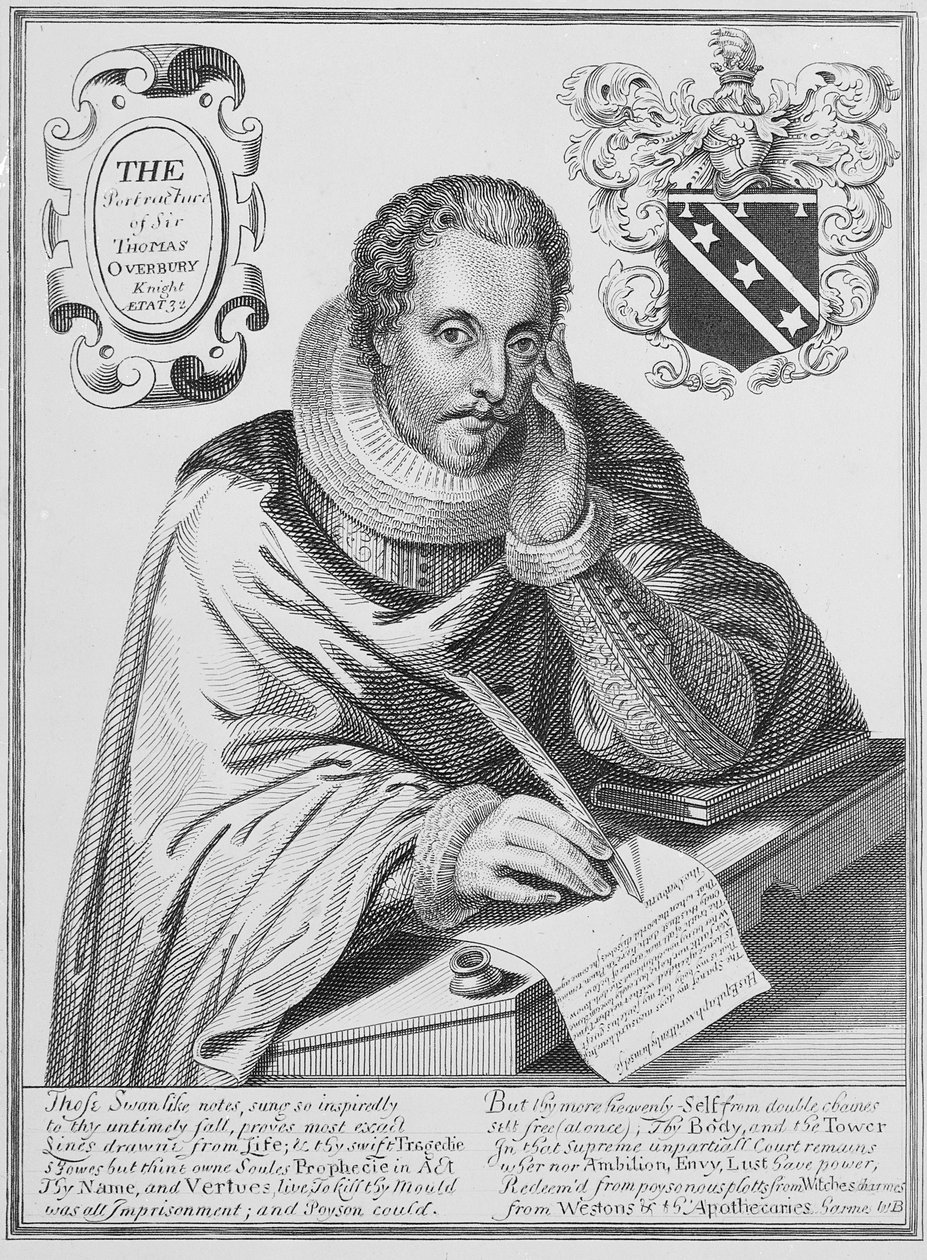 Portræt af Sir Thomas Overbury (1581-1613), der skriver sit epitafium, indgraveret af Renold Elstrack (1571-c.1630) 1613 af English School