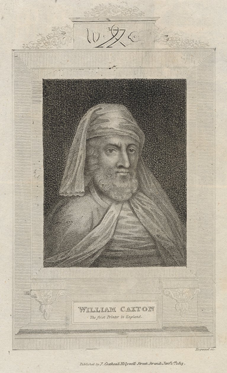 Portræt af William Caxton (ca.1422-91) og hans trykkermærke af English School
