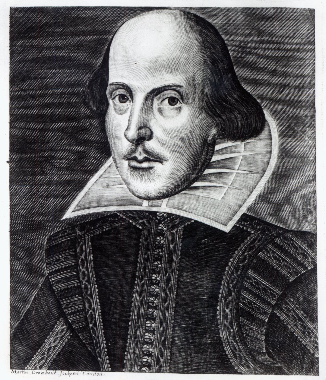 Portræt af William Shakespeare, indgraveret af Martin Droeshout, 1623 af English School