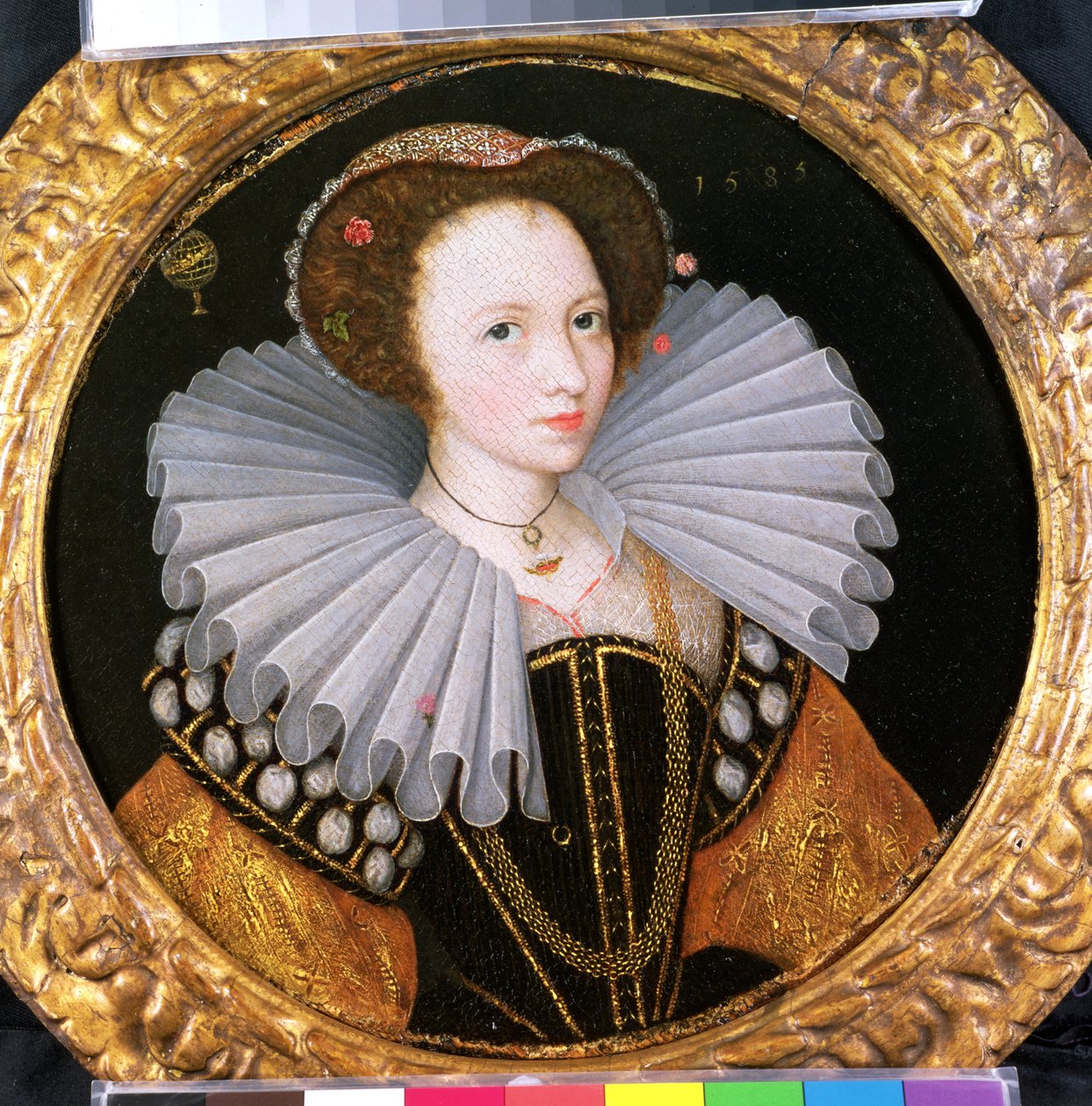 Portræt af en Dame med en stor Ruff, en Armillar Kugle i Baggrunden af English School