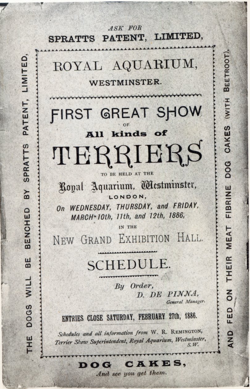 Plakat, der reklamerer for Allied Terrier Club Show i Royal Aquarium, Westminster i 1886 af English School