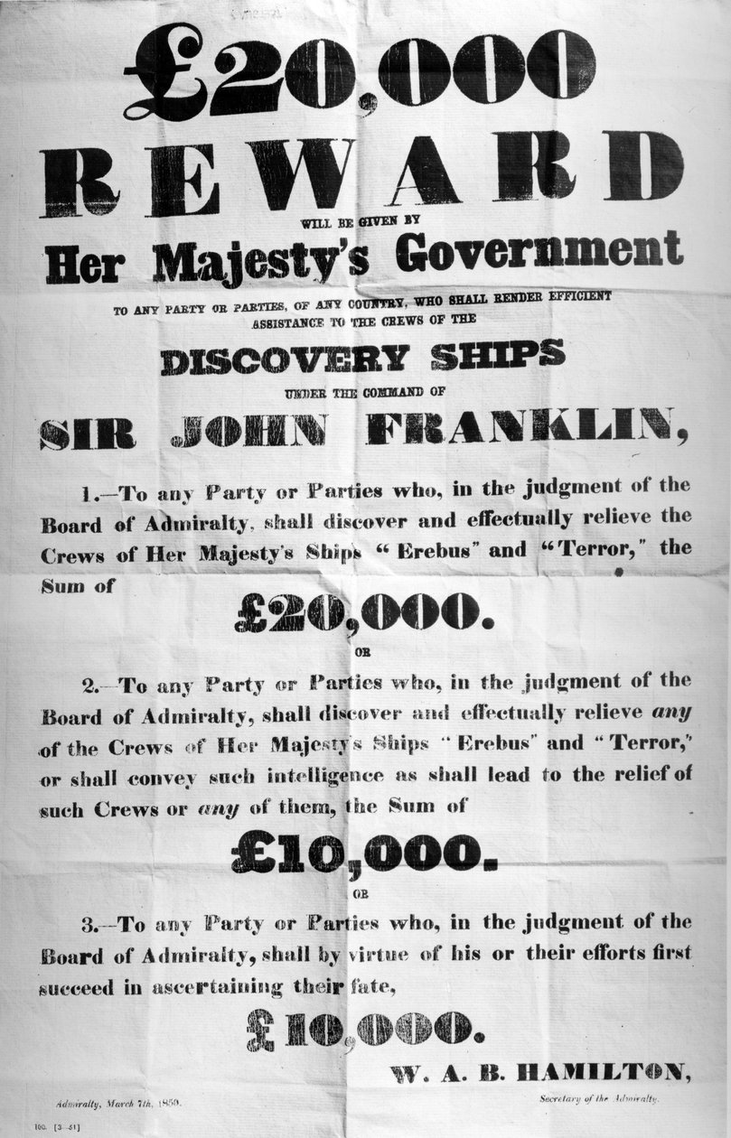 Plakat, der tilbyder en belønning for opdagelsen af den tabte Franklin Arctic Expedition, 1850 (trykt papir) af English School