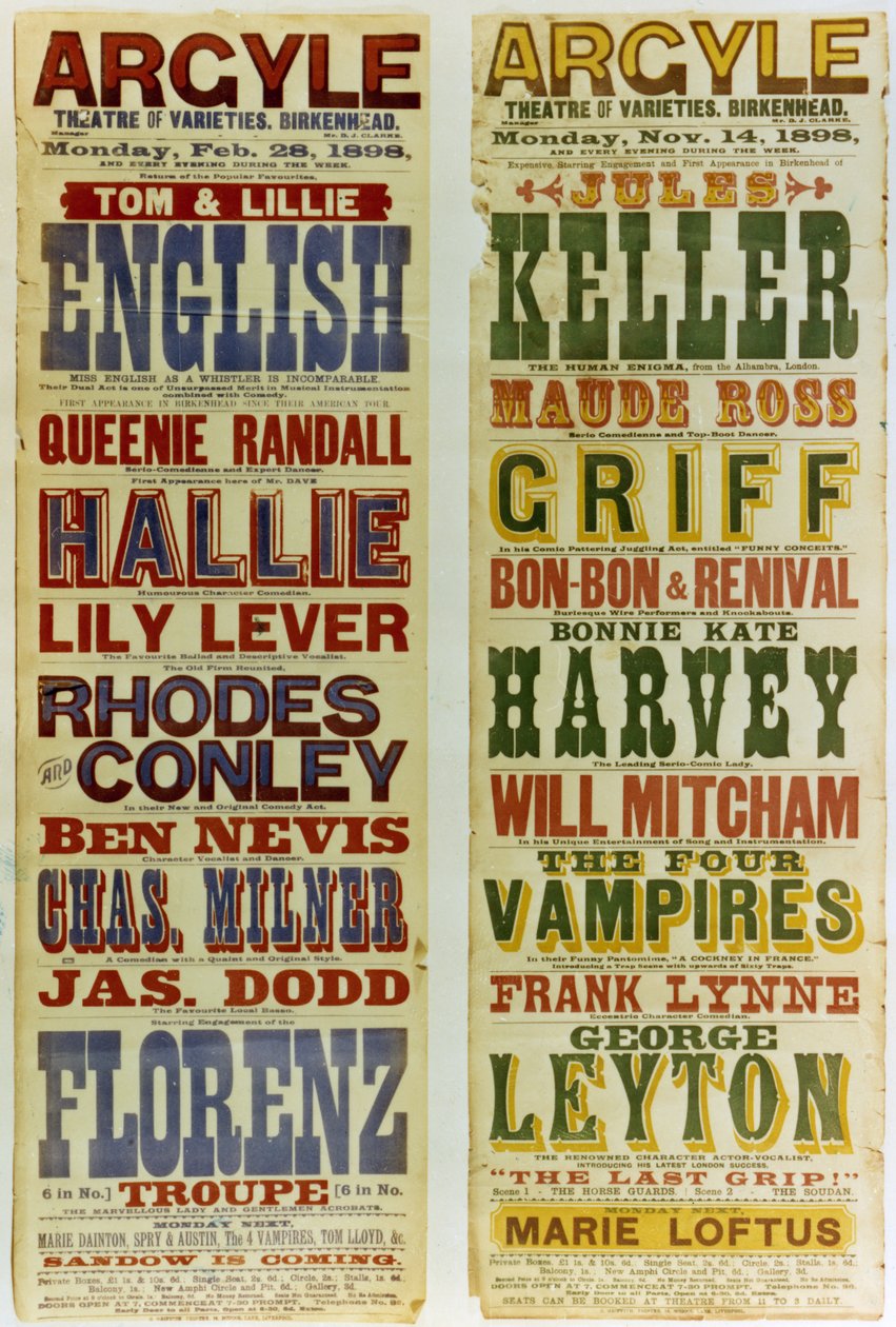 Plakater for Argyle Theatre of Varieties, Birkenhead, 1898 af English School