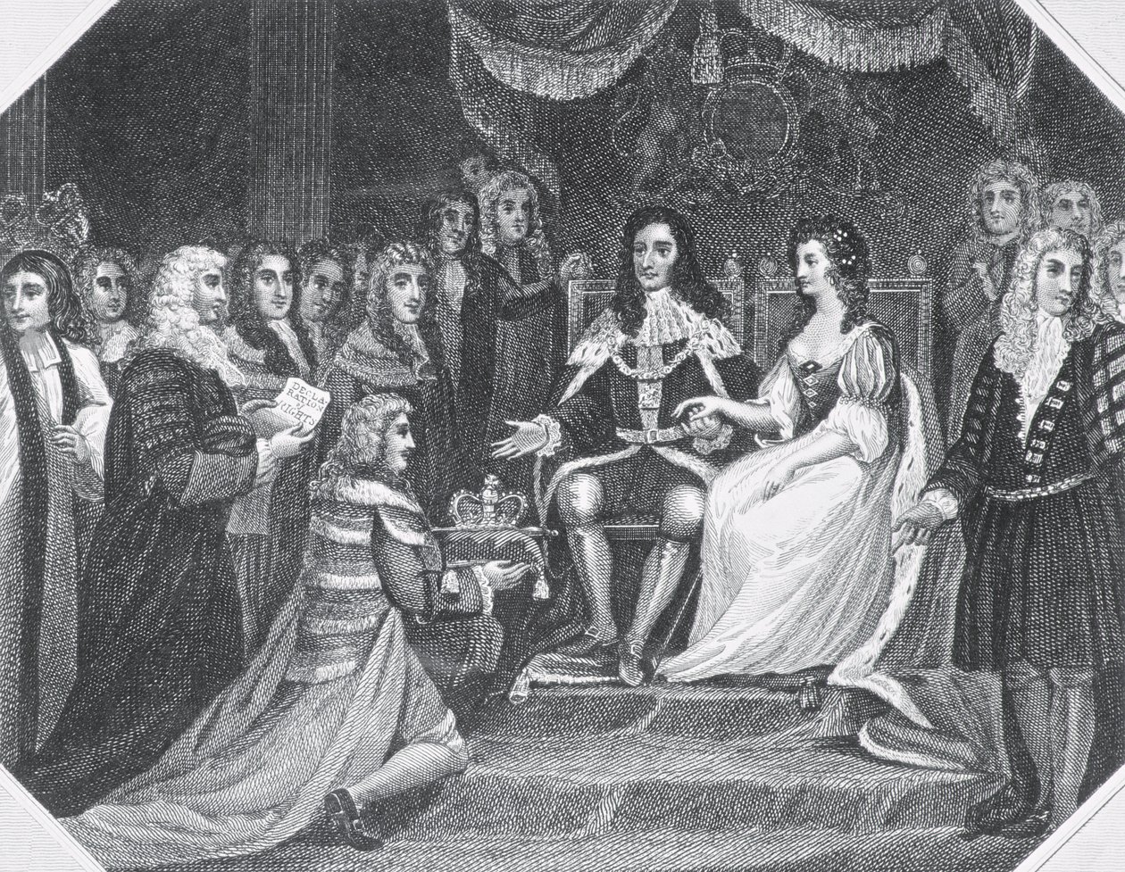 Overrækkelse af menneskerettighedserklæringen til Vilhelm III (1650-1702) af Oranien og Mary II (1662-94) af English School
