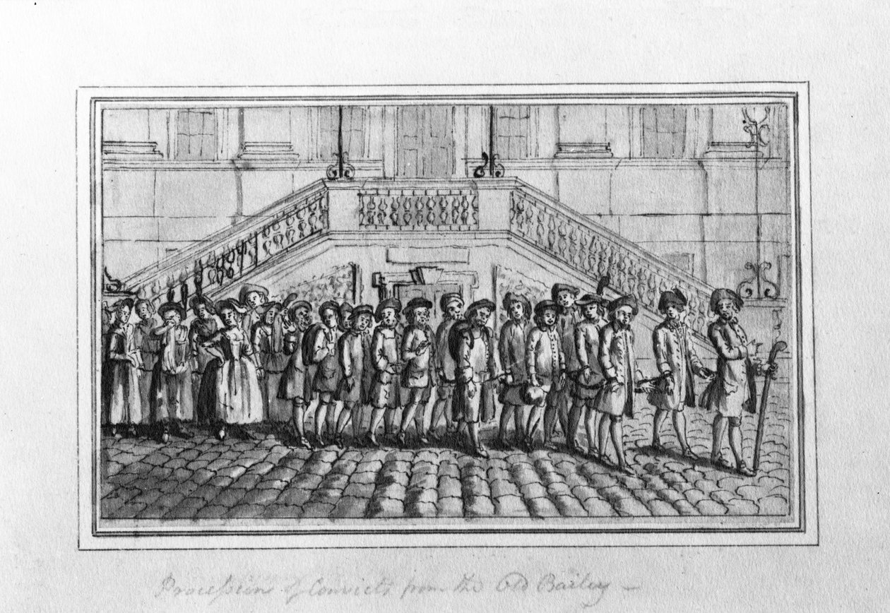 Procession af straffefanger fra Old Bailey, ca. 1750-1800 (pen og blæk og grå vask på papir) af English School