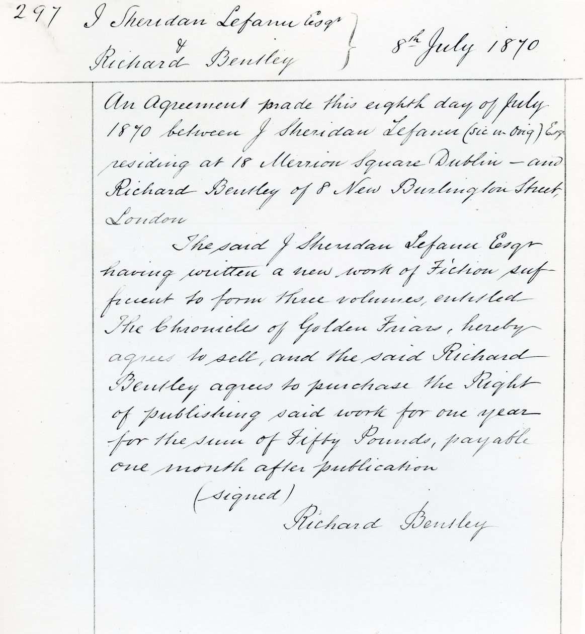 Udgivelseskontrakt mellem Joseph Sheridan Le Fanu og Richard Bentley for 