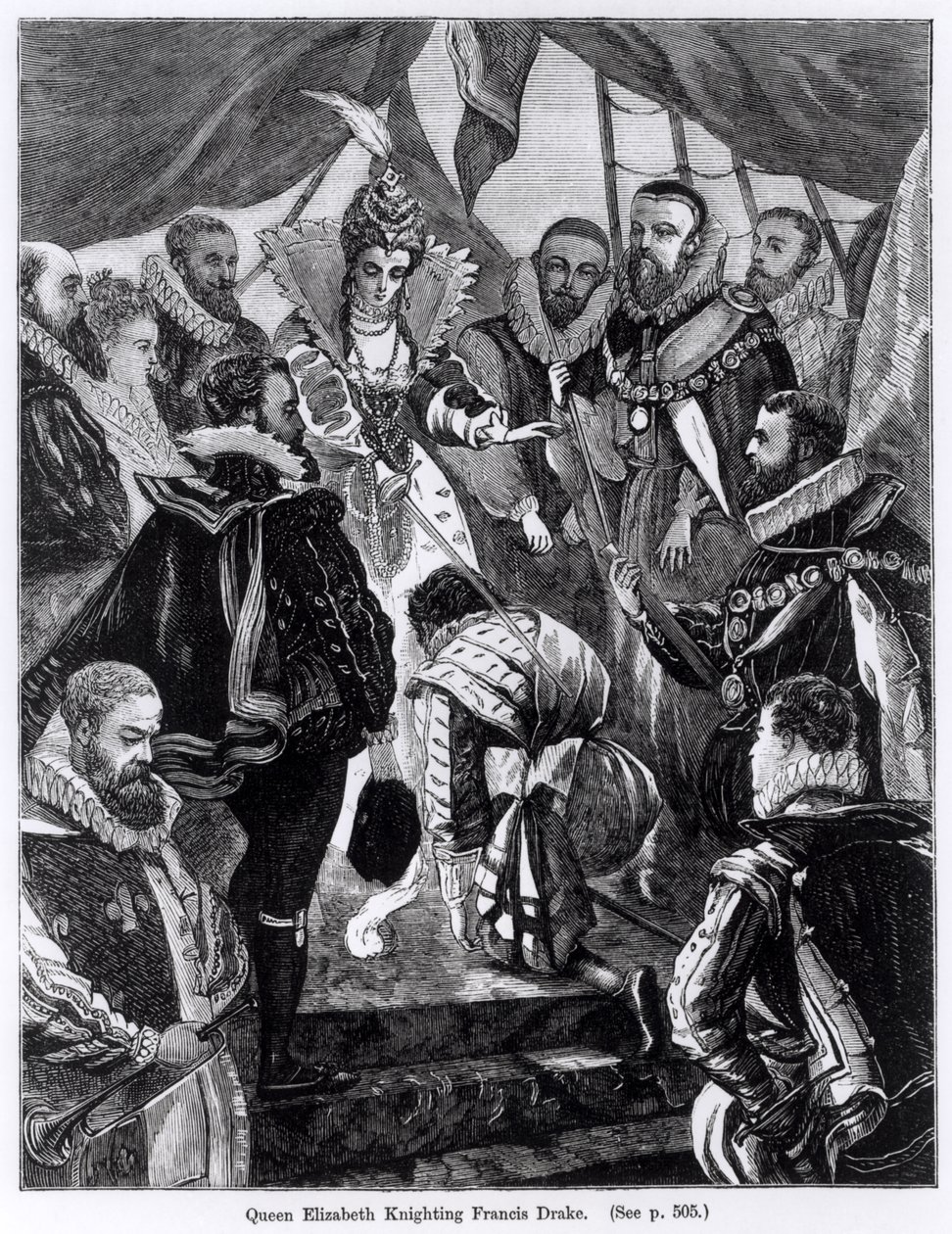 Dronning Elizabeth I (1530-1603) ridder Francis Drake (ca. 1540-96) i 1581 af English School