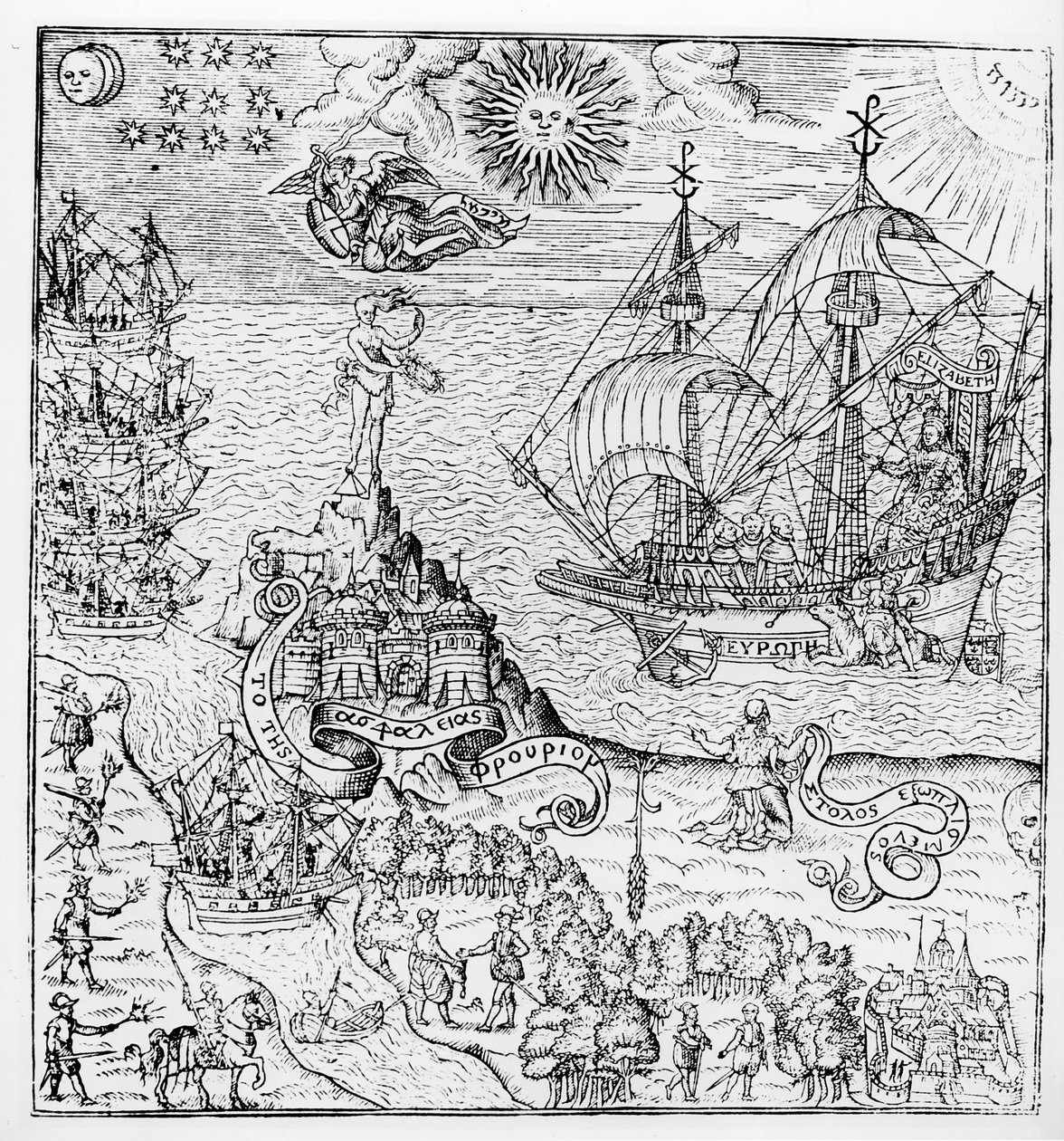 Dronning Elizabeth I (1553-1603) om bord på et skib af English School