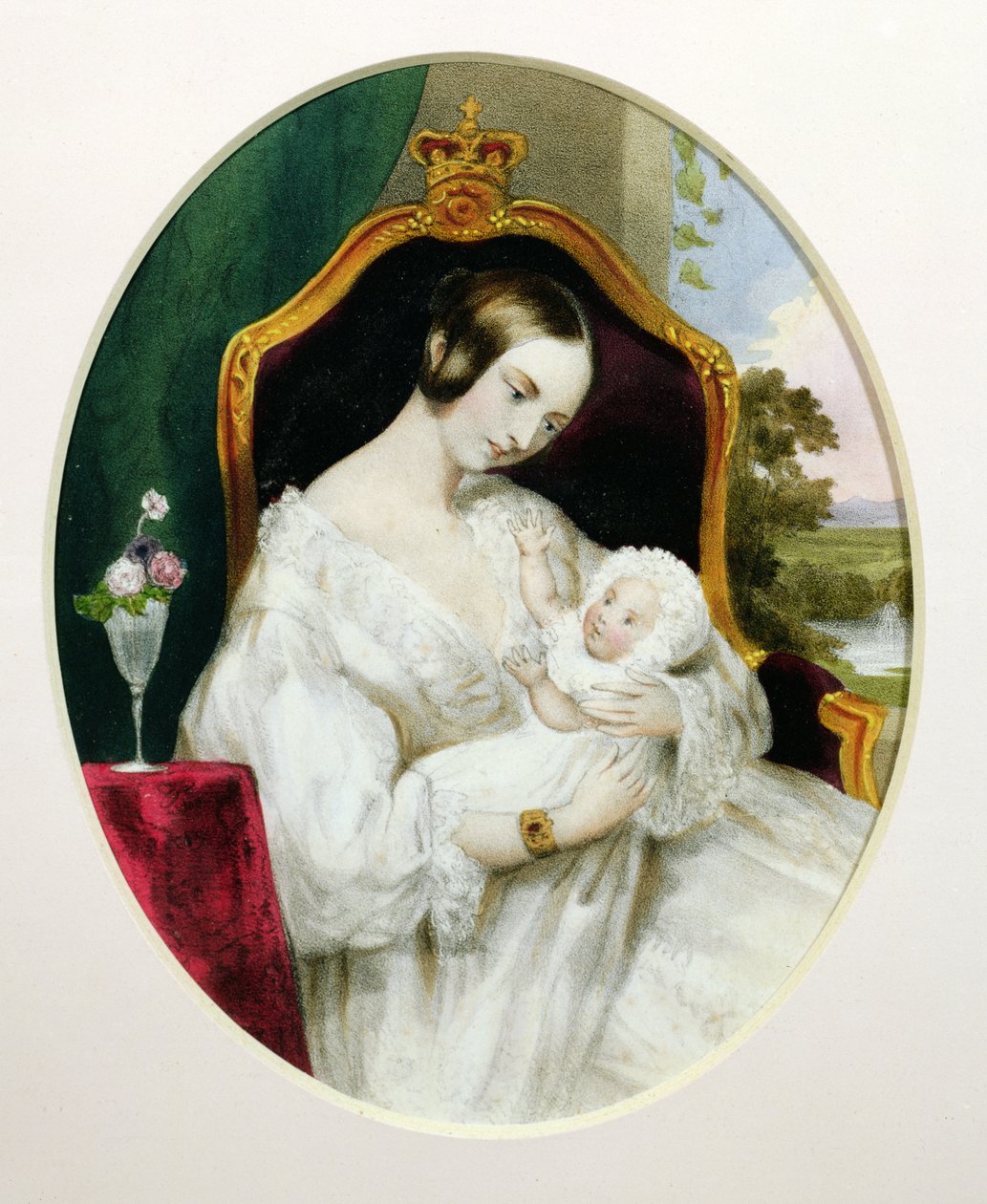 Dronning Victoria (1819-1901) med Princess Royal (1840-1901) som baby (wc på papir) af English School