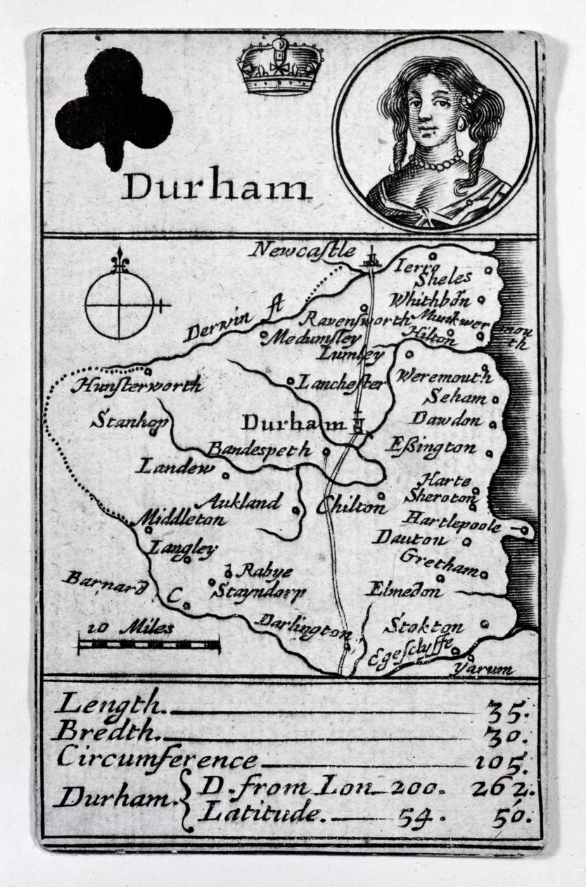 Queen of Clubs og Durham kort, ca. 1675 af English School