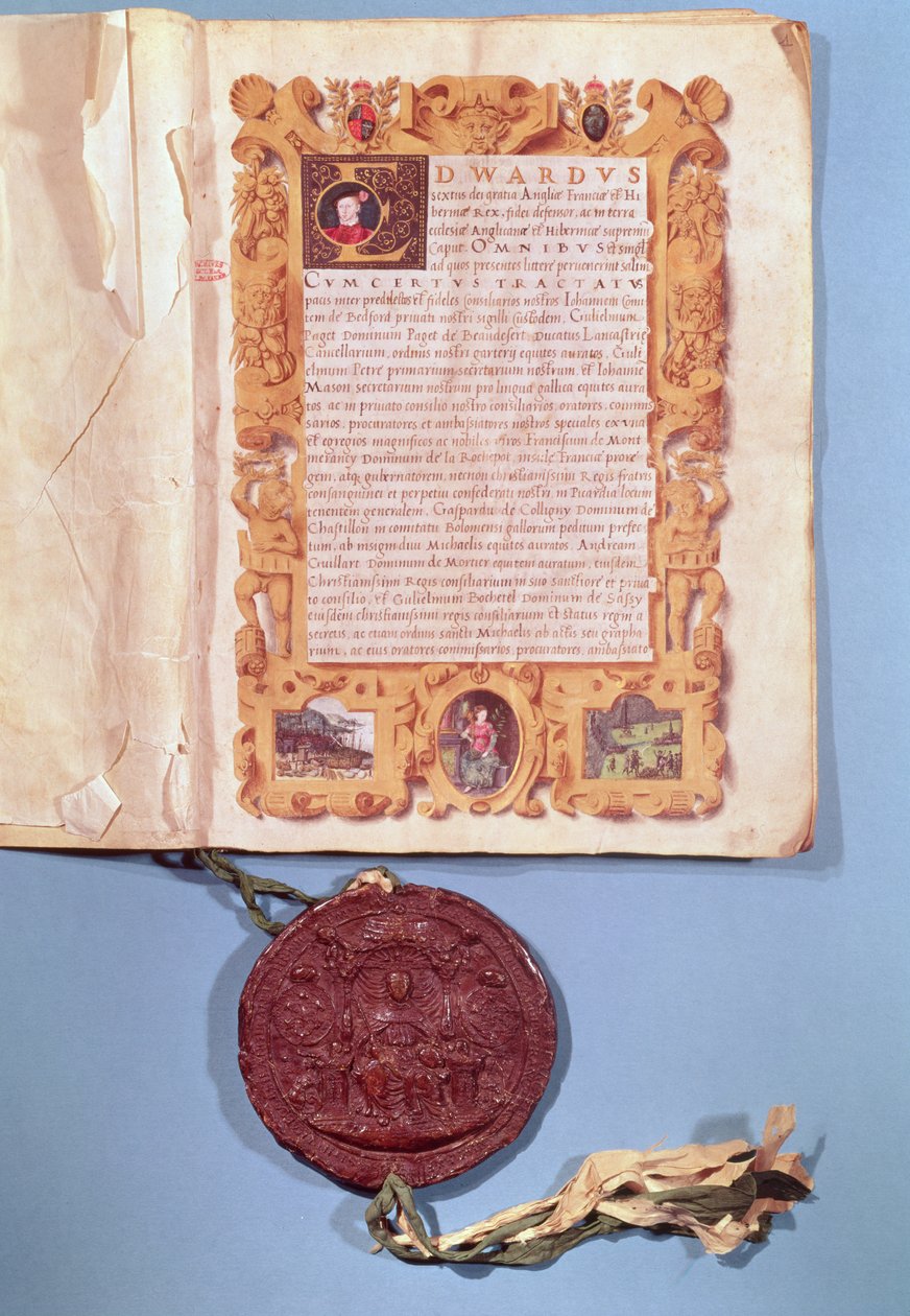 Ratifikation ved Edward VI (1537-53) af Boulogne-traktaten, 25. maj 1550 af English School