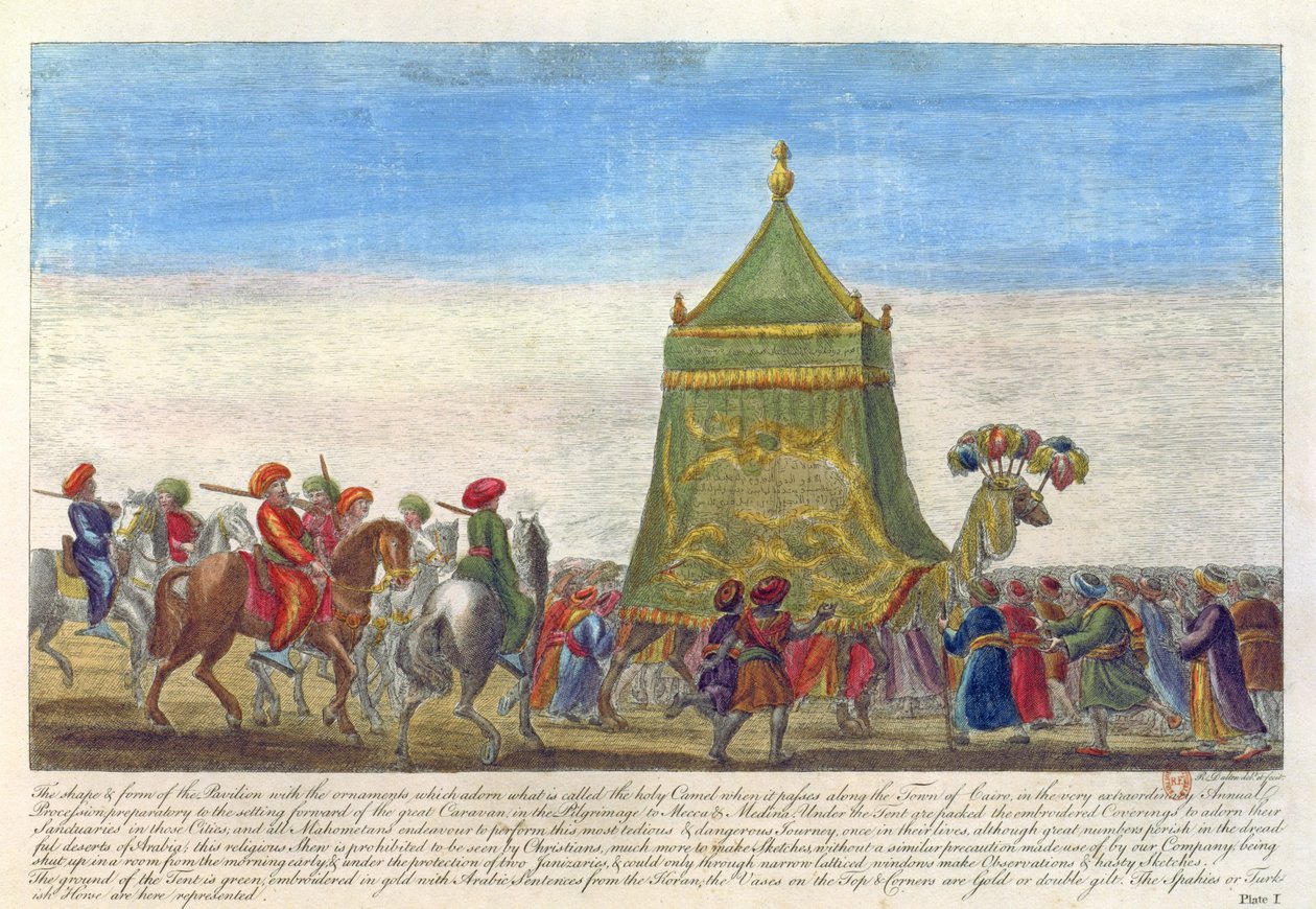 Religiøs parade, der fejrer den årlige afgang til Mekka fra antikviteter og udsigter i Grækenland og Egypten skrevet af Richard Dalton, 1701 af English School