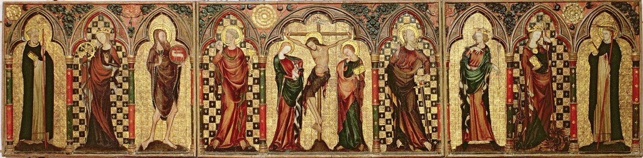 Retabel, der forestiller korsfæstelsen med otte hellige, ca. 1300 (tempera og bladguld på panel) (se også 1713) af English School