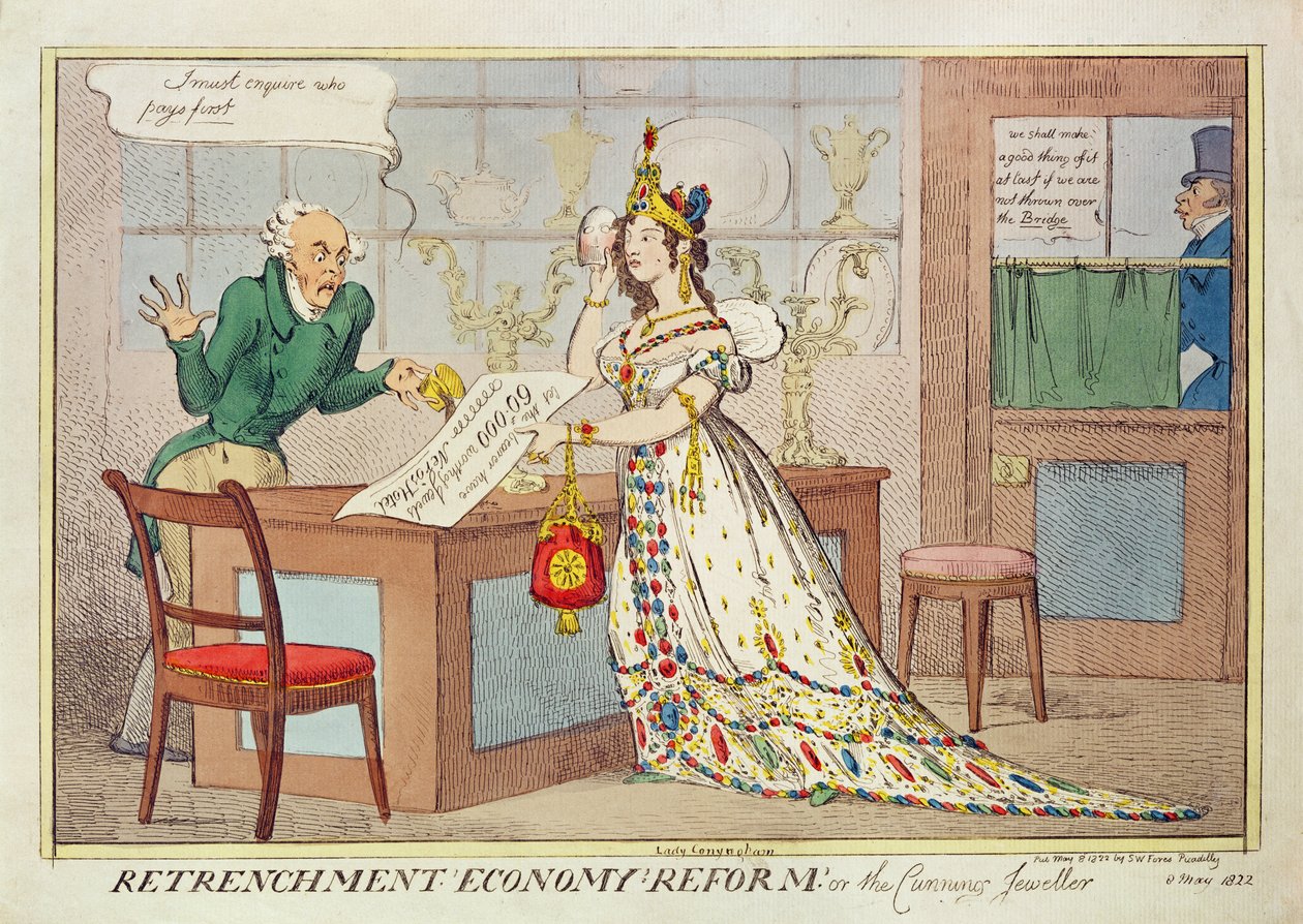 Retrenchment Economy Reform, or the Cunning Jeweller, 1822 (farveætsning) af English School