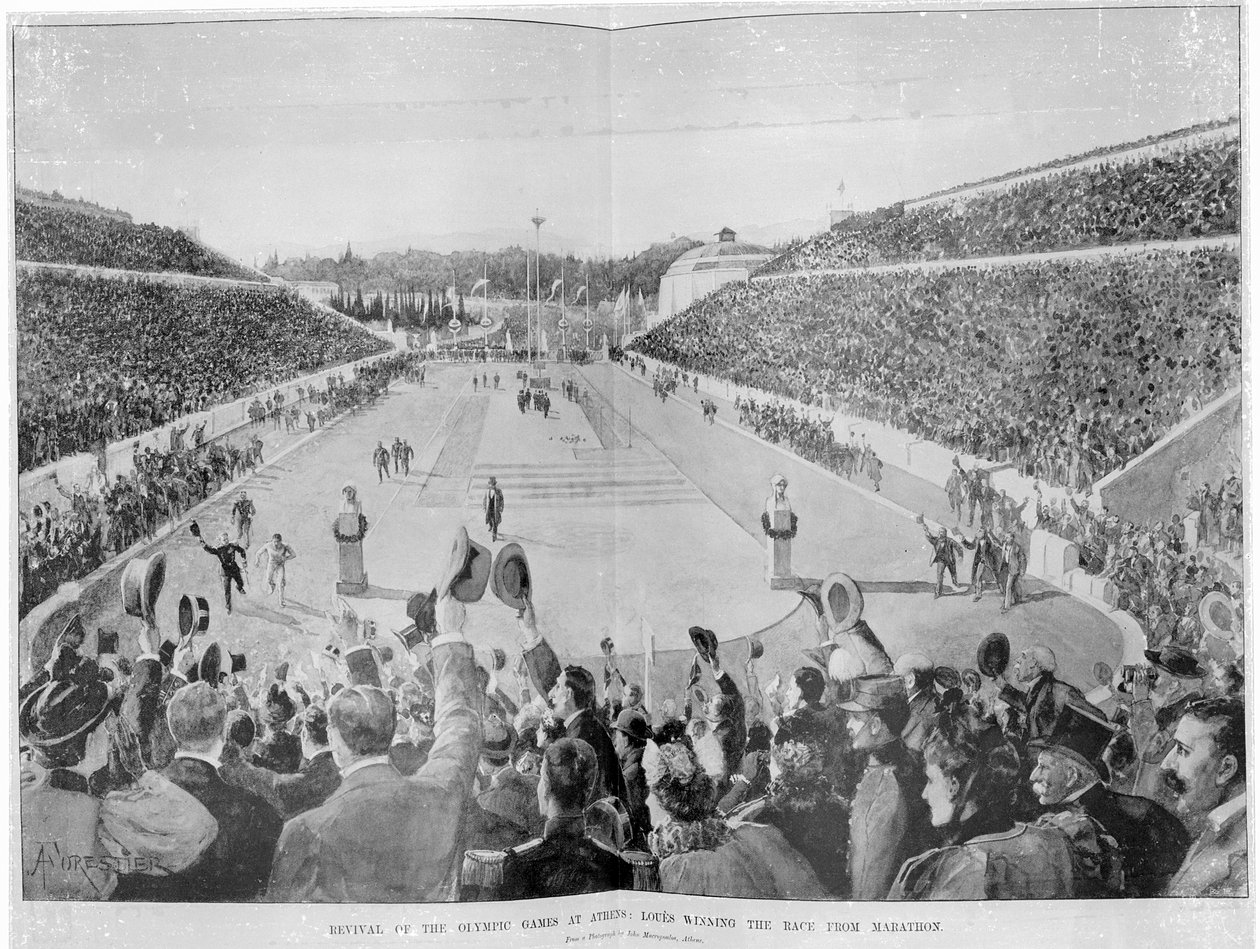 Genoplivning af de olympiske lege i Athen: Loues vinder løbet fra Marathon, 10. april 1896 af English School