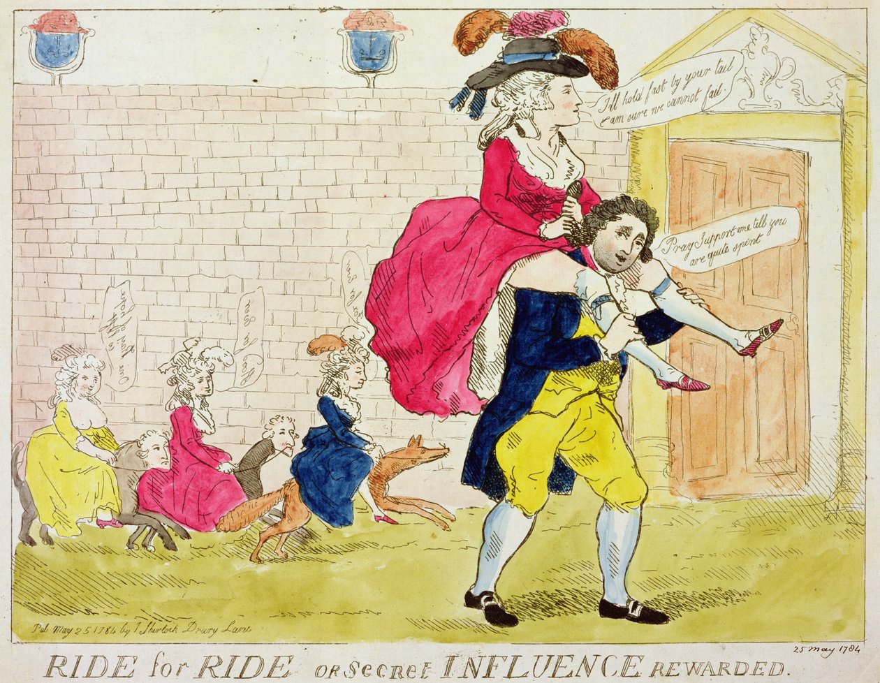 Ride for Ride eller hemmelig indflydelse belønnet, 1784 (farvet litho) af English School