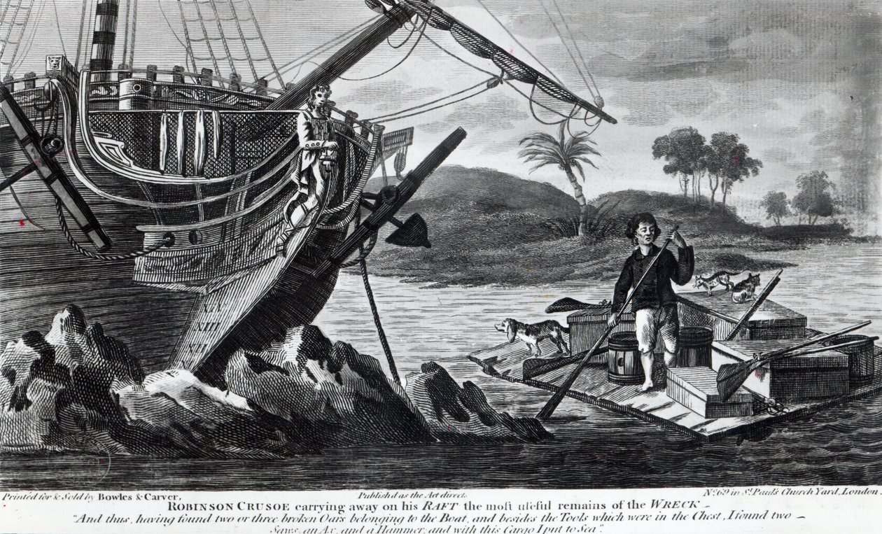 Robinson Crusoe bærer de mest nyttige rester af vraget væk på sin flåde af English School