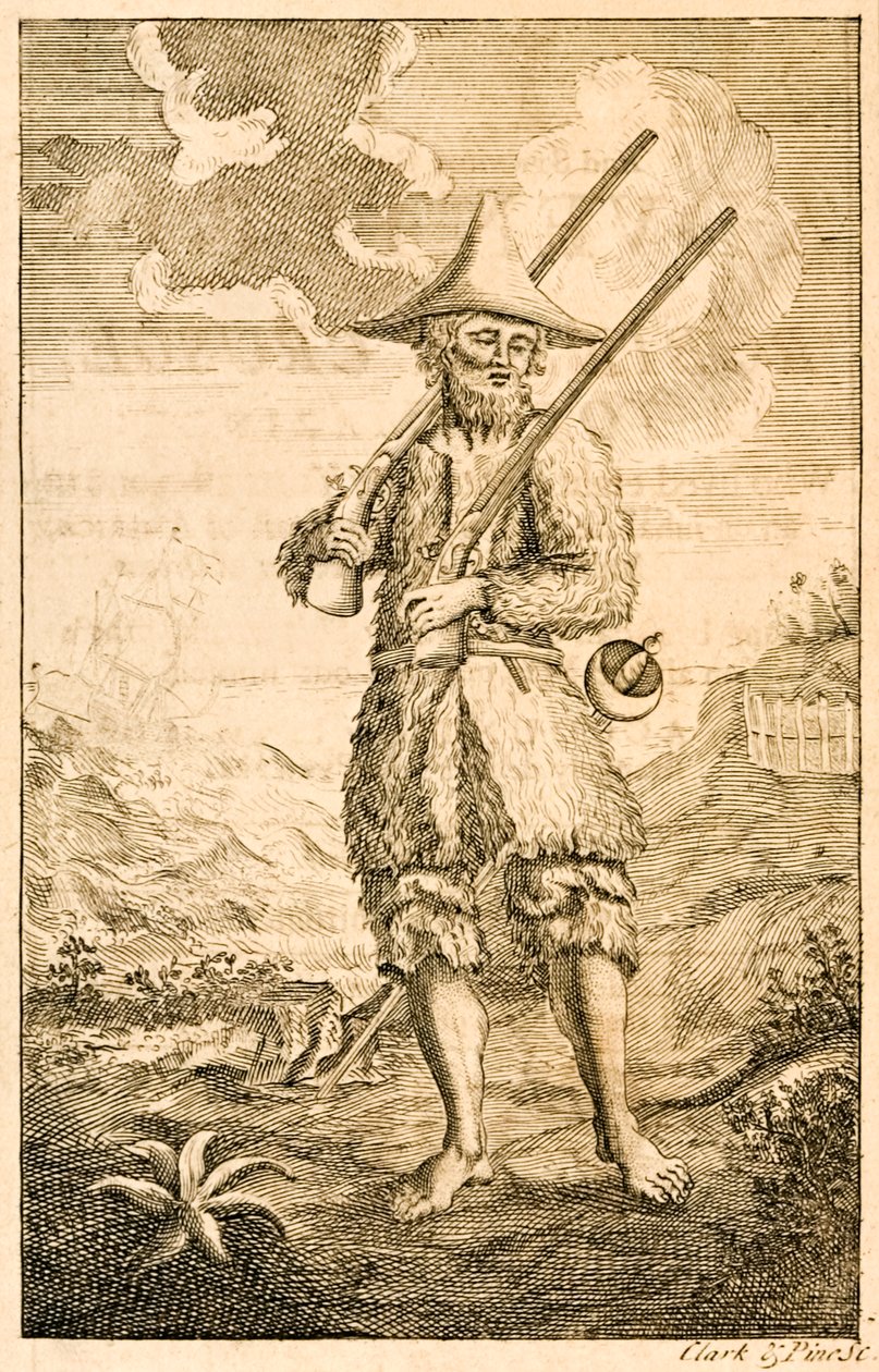 ?Robinson Crusoe? frontispice-illustration, der viser den formodede forfatter Crusoe på kysten med musketter og sværd, fra ?The Life and Strange Surprising Adventures of Robinson Crusoe, eller York, Marine af English School