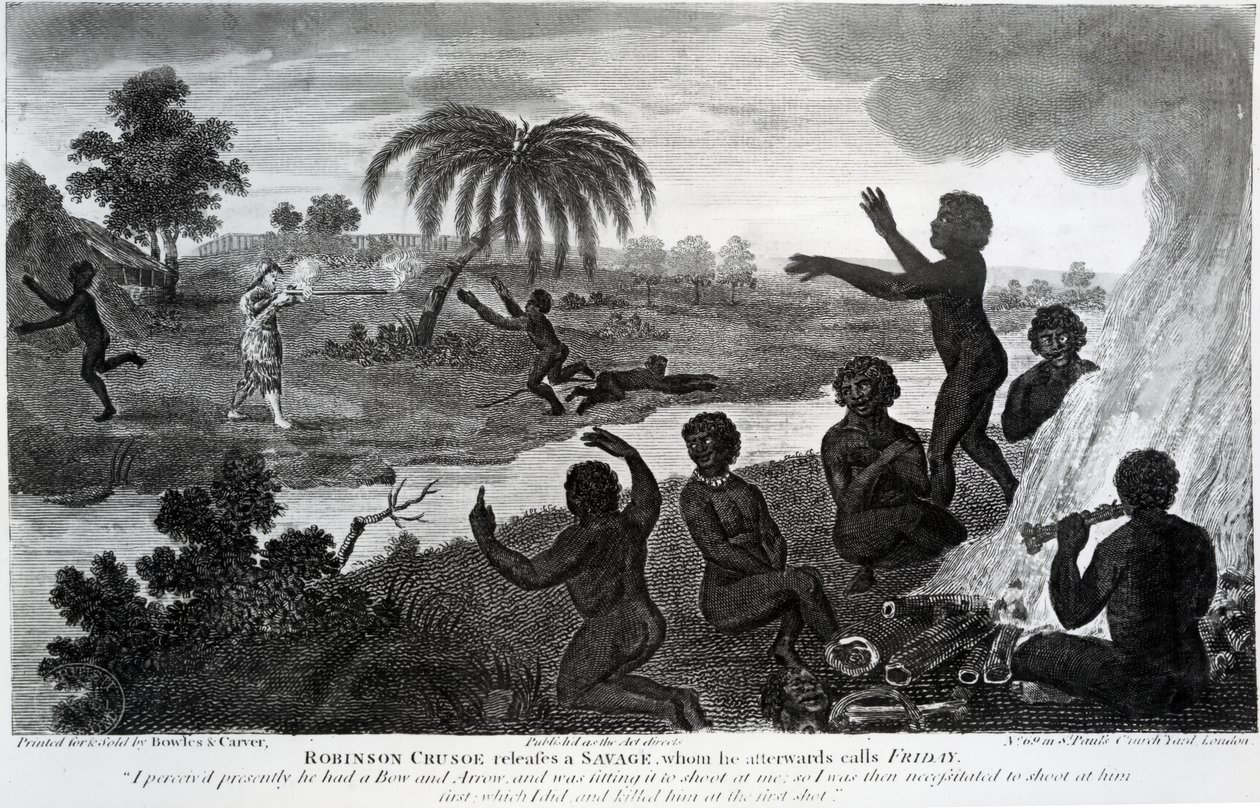 Robinson Crusoe frigiver en Savage, som han bagefter kalder fredag, illustration fra 