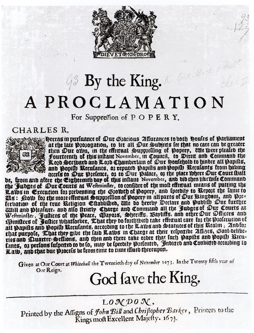 Kongelig Erklæring, 1675 af English School