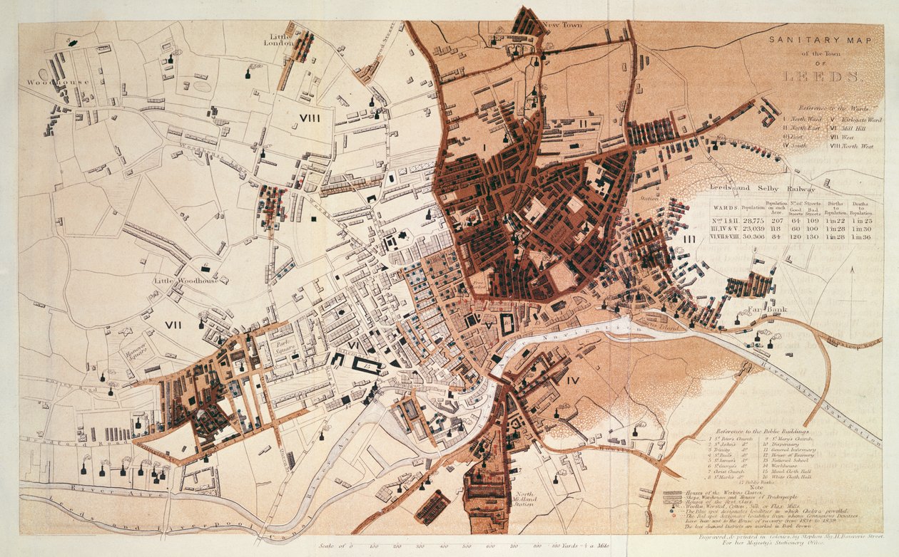 Sanitærkort over byen Leeds, af Stephen Sly for Hendes Majestæts brevpapirkontor, 1842 af English School