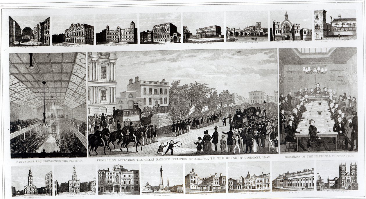 Scener forbundet med præsentationen af andragendet til parlamentet af Thomas Duncombe (1796-1861) i 1842 (se 105427) af English School