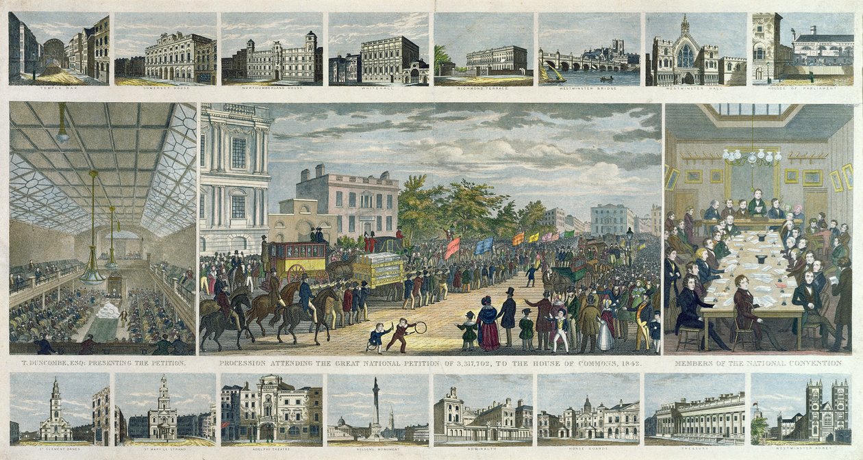 Scener forbundet med præsentationen af andragendet til parlamentet af Thomas Duncombe (1796-1861) i 1842 af English School