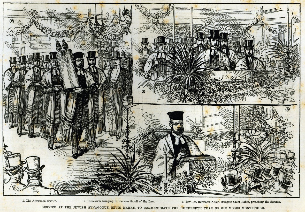 Gudstjeneste i den jødiske synagoge, Bevis Marks, til minde om Sir Moses Montefiores hundrede år, fra 
