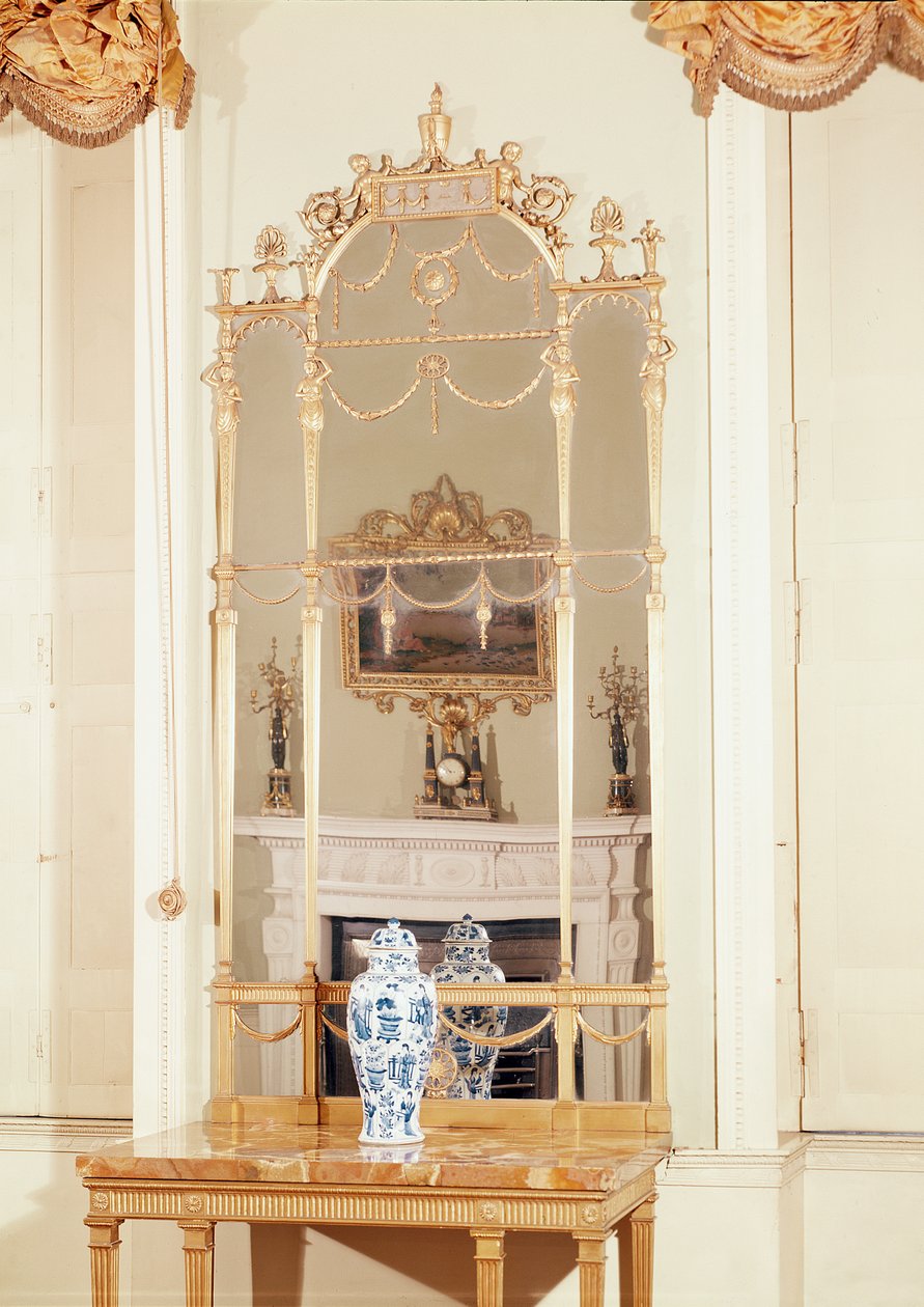 Sidebord og moleglas, udskåret og forgyldt, designet af Robert Adam, 1777 af English School