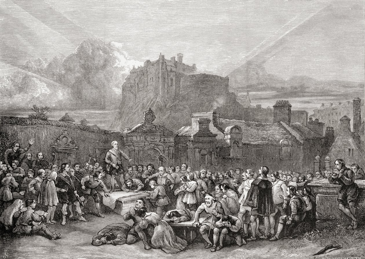 Underskrivelse af pagten i Greyfriars Churchyard, Edinburgh i 1638, fra 