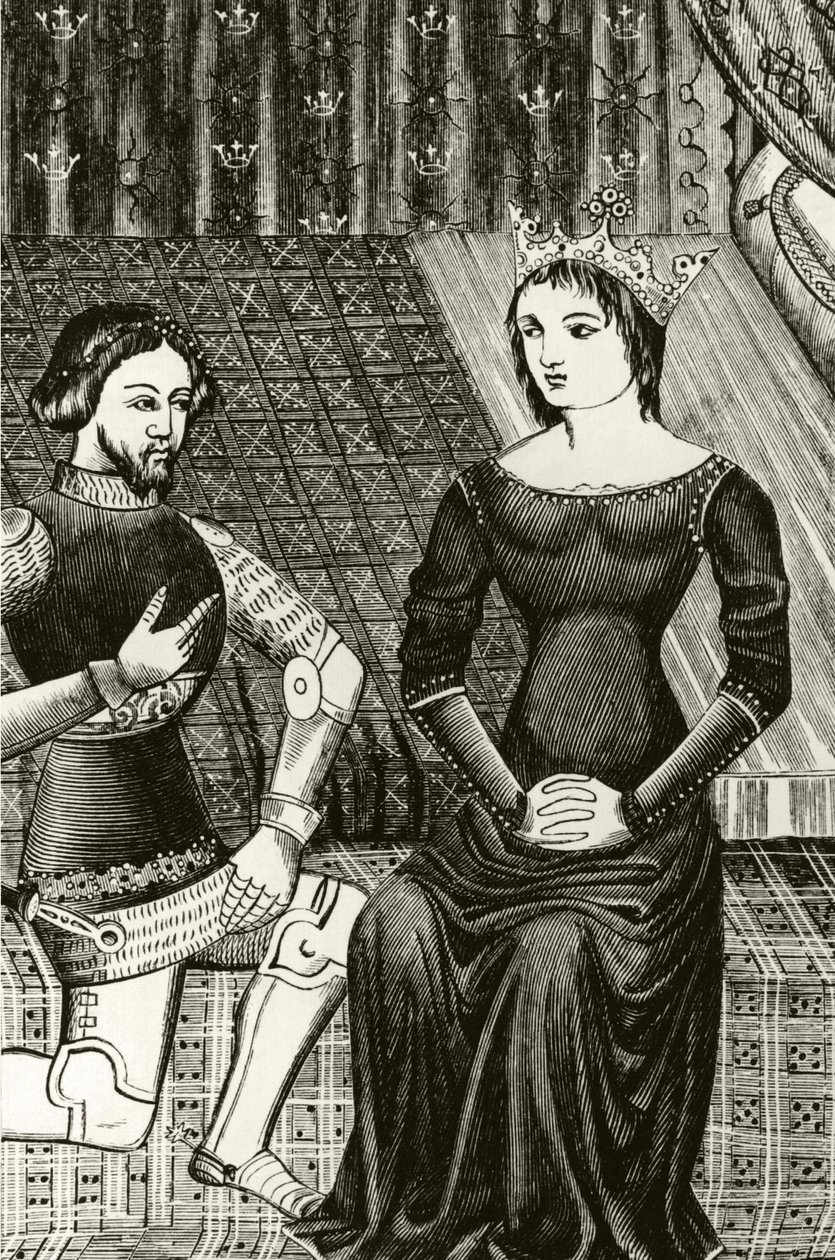 Sir Lancelot knæler foran dronning Guinevere, indgraveret efter en miniature fra det 12. århundrede af English School