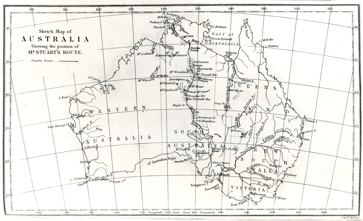 Skitsekort over Australien, der viser positionen af Mr. Stuarts rute, 1864 af English School