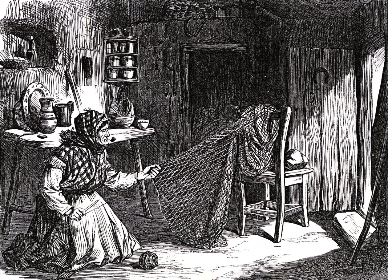 Skitser fra Irland : Kvinde laver net i Claddagh, Galway, illustration fra "The Illustrated London News", 1870 af English School
