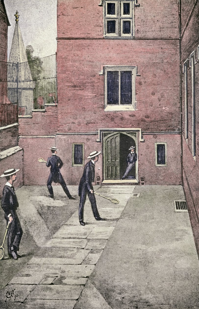 Squash Rackets at Harrow, illustration fra Lawn Tennis Rackets and Fives, pub. 1890 af English School