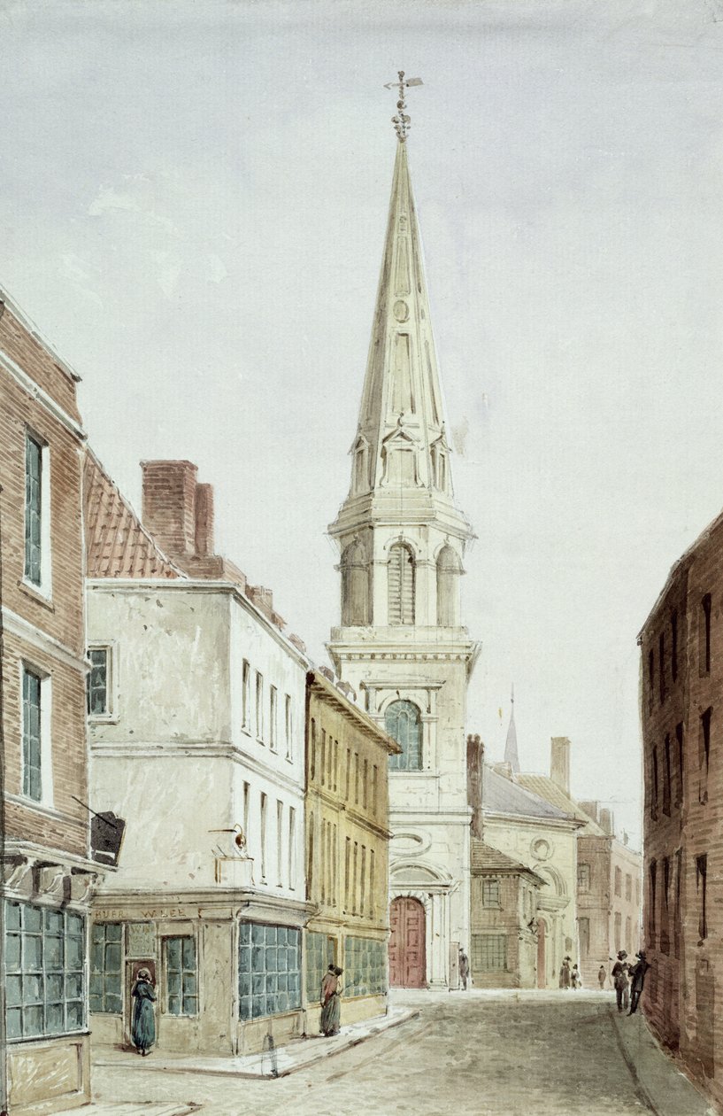 St. Antholins Church, en udsigt fra vest langs Watling Street, ca. 1850 (wc på papir) af English School