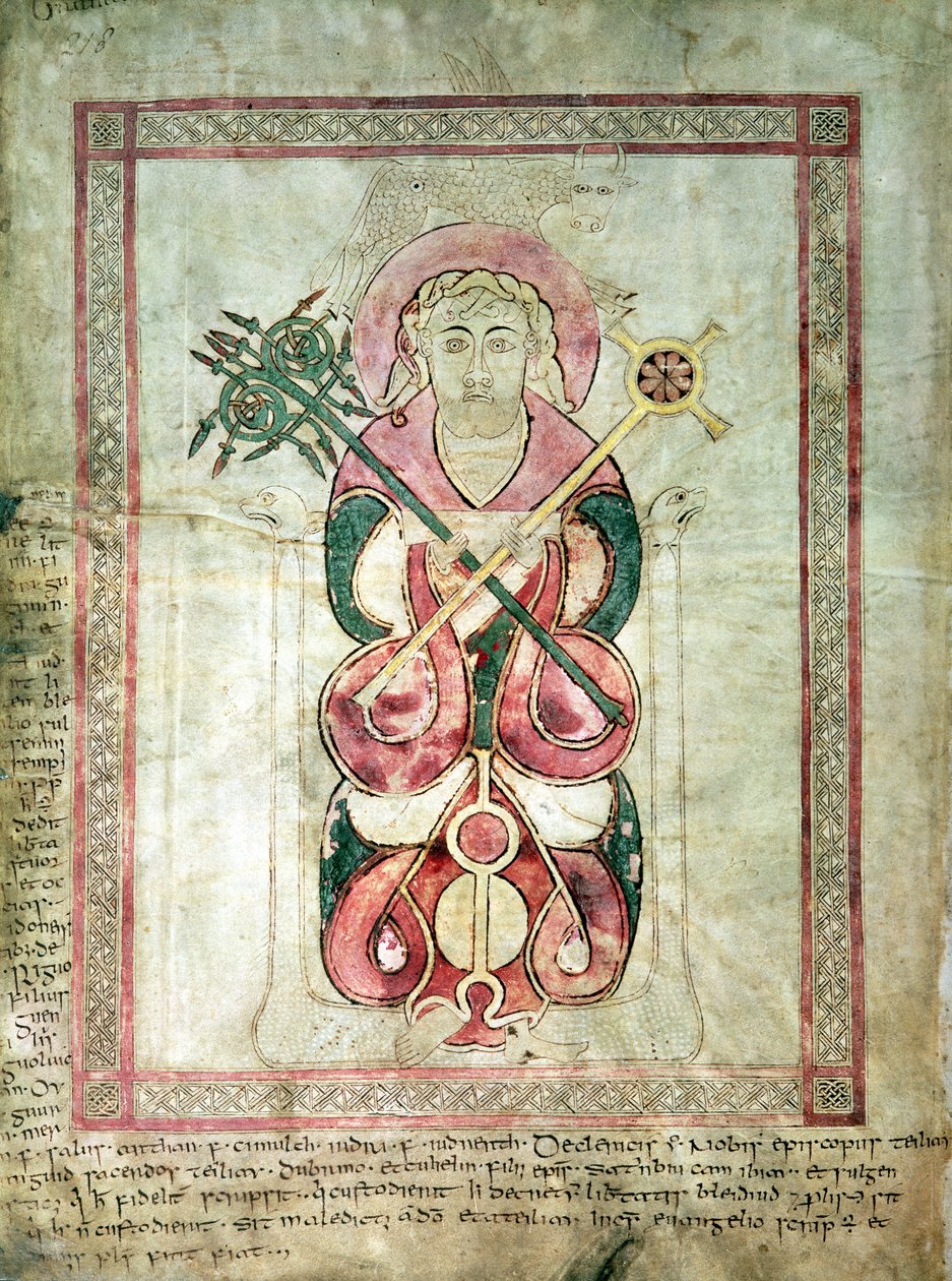 St. Luke og hans bevingede kalv, titelblad til St. Luke-evangeliet, fra Lichfield-evangelierne, ca. 720 af English School