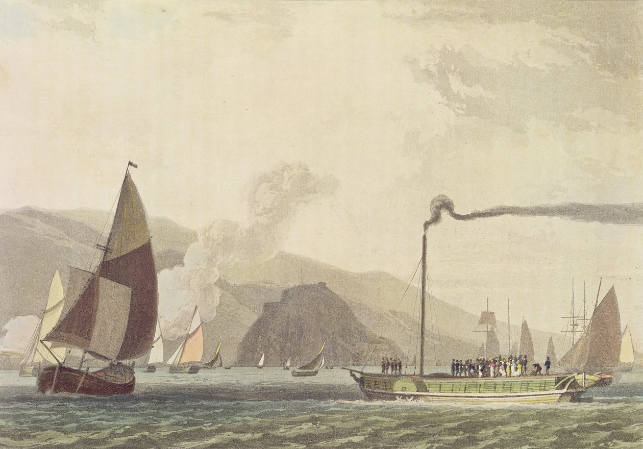 Steam Boat on the Clyde nær Dumbarton, 1802 (akvatint) af English School