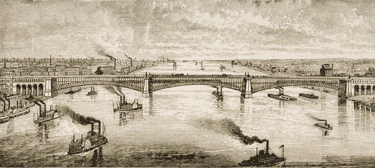 Stålbroen krydser Mississippi-floden ved St. Louis, ca. 1874, fra 