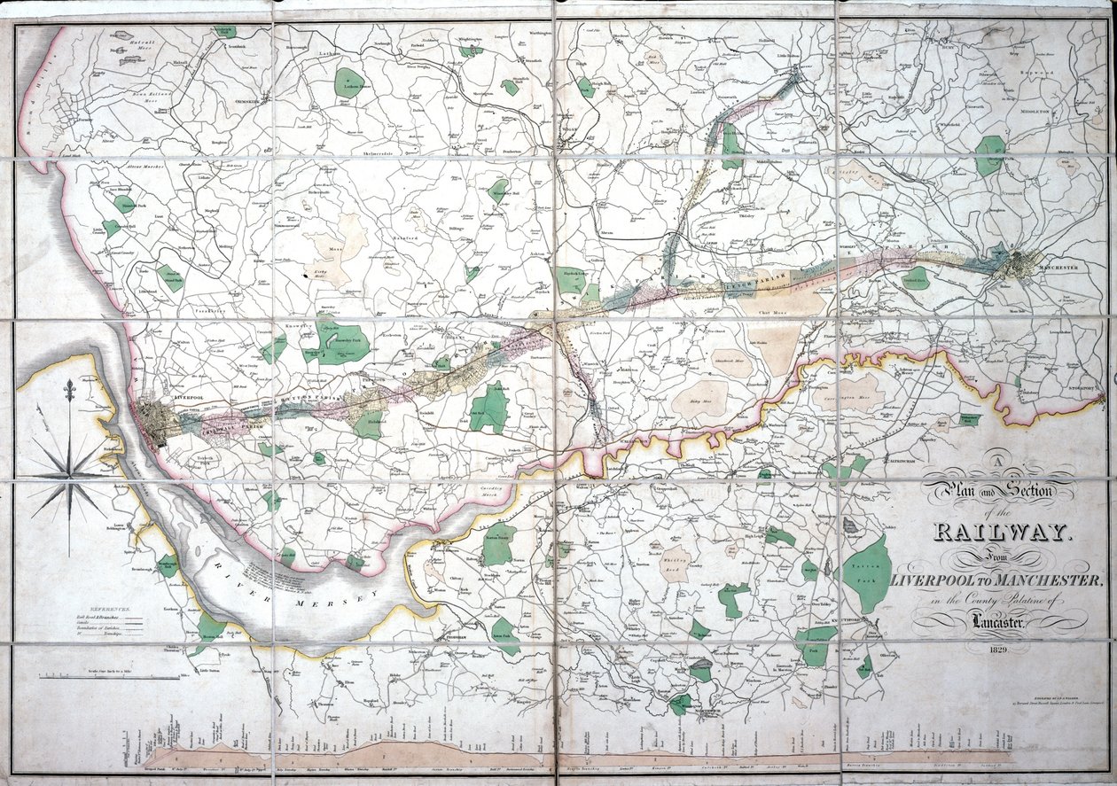 Stephensons kort over Liverpool & Manchester Railway, ca. 1824-1830 af English School