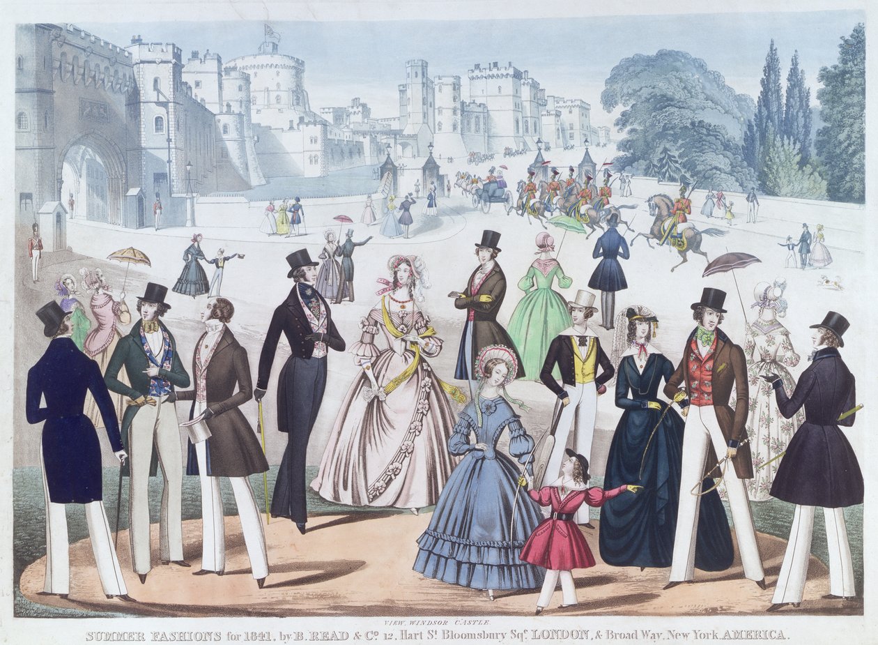 Sommermode for 1841: Udenfor Windsor Castle (akvatint) af English School