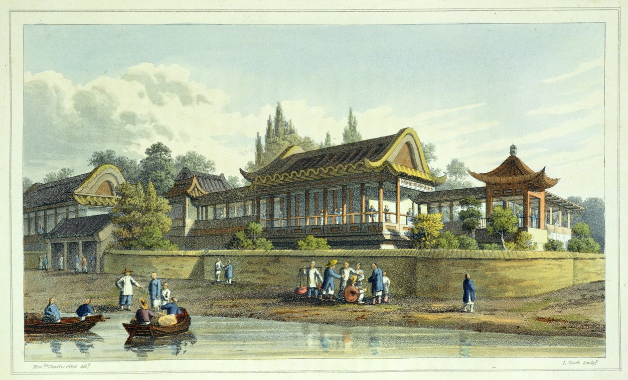 Kejserens sommerpalads, overfor byen Tien-Sing, plade 2 fra Journal of the Proceedings of the Late Embassy to China, indgraveret af J. Clark, 1817 (akvatint) af English School