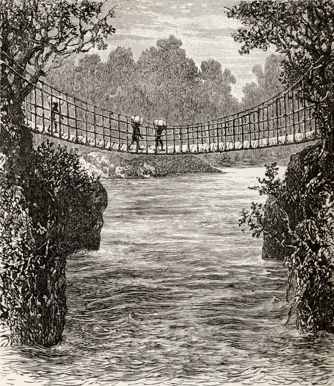 Hængebro over Ituri-floden, Congo, 1890 (trægravering) af English School